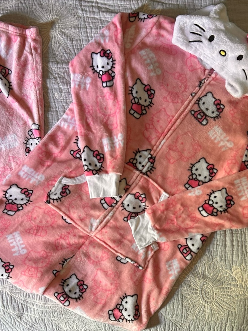 Hello Kitty Pink Fleece Onesie with Hood and Bow